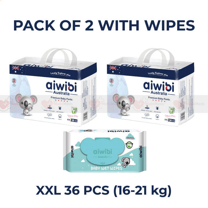Aiwibi Australian Disposable Breathable Baby Diapers with Elastic Waistband – XXL36 pack of 2 with wipes